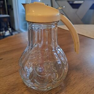 Vtg Yellow Metal Lid Glass Syrup Dispenser